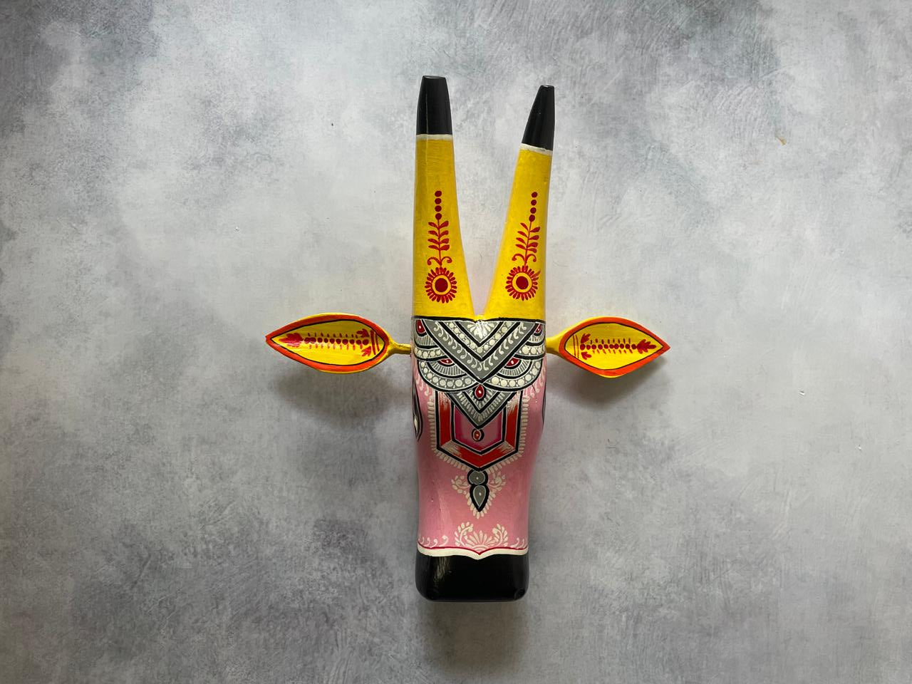Hand-Painted Wooden Cow Head Wall Mask – Folk Art Decor by Indian Artisans