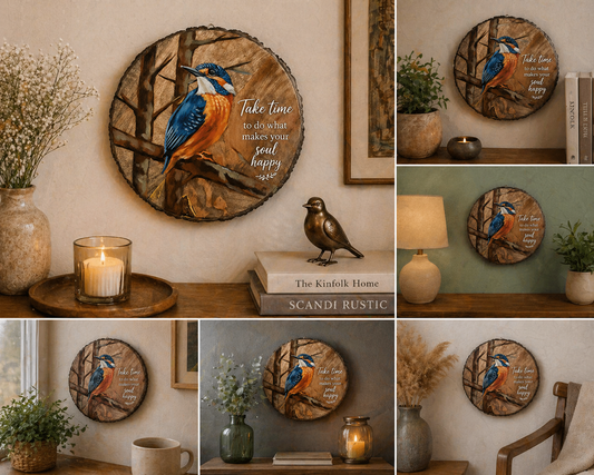Kingfisher Harmony – Handpainted Wooden Log Art