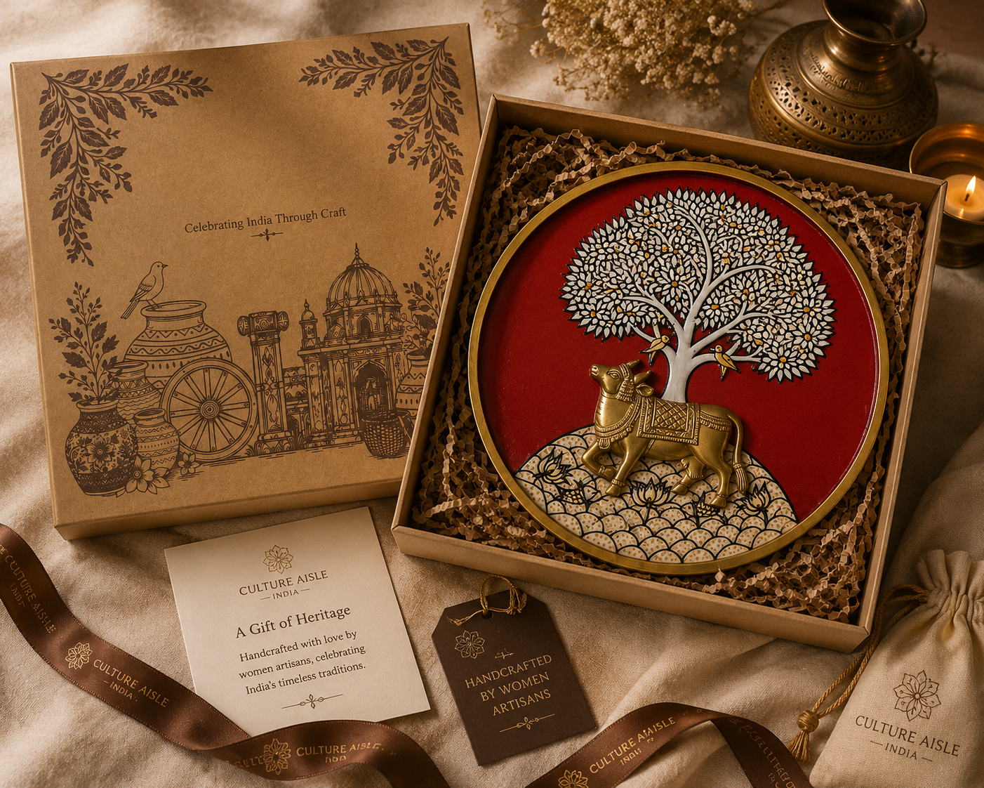 Nandi Beneath the Tree of Life – Bespoke Collection (Brass Nandi / 12 Inch Compressed Wood Base)