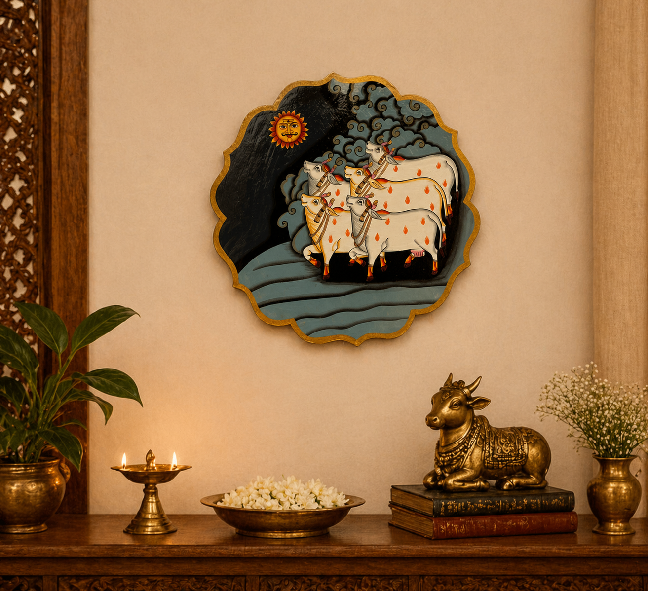Surya Grace – Handpainted Pichwai Cow Wallplate (12 Inch)