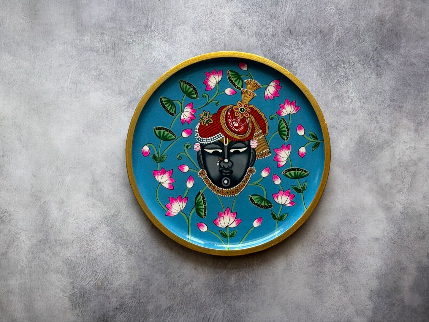 SrinathJi -Handpainted Pichwai Wallplate Light Blue (M)