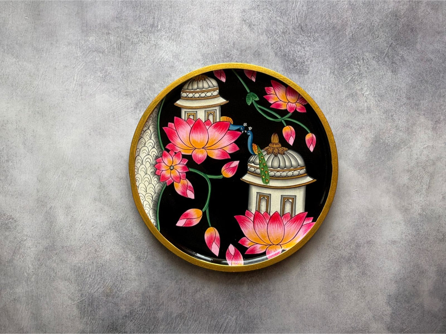 Pichwai Handpainted Wall Plate (10 Inch) – Lotus, Peacock & Palace Art (Black)| Culture Aisle India (Copy)