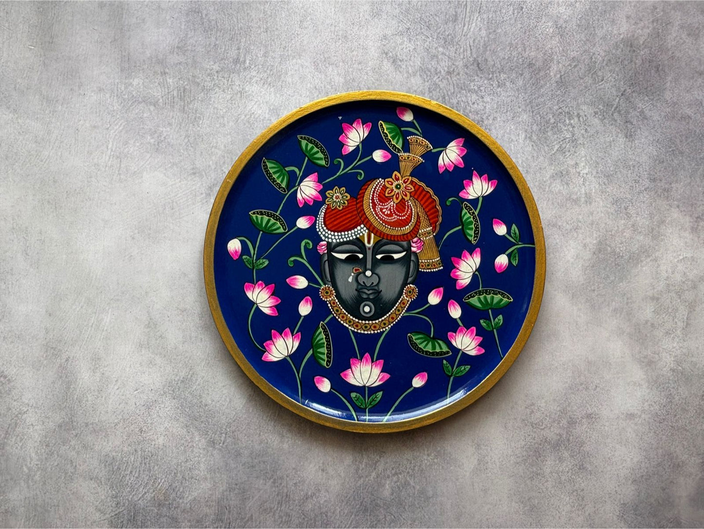 SrinathJi -Handpainted Pichwai Wallplate Navy Blue (M)