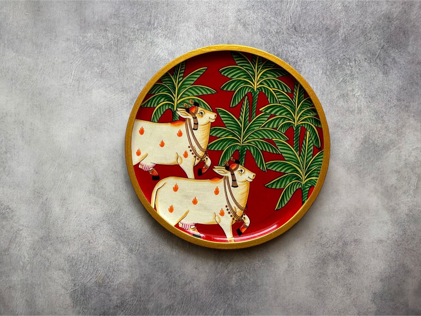 The Sacred Cow Pair Red - Handpainted Pichwai Wallplates (M)