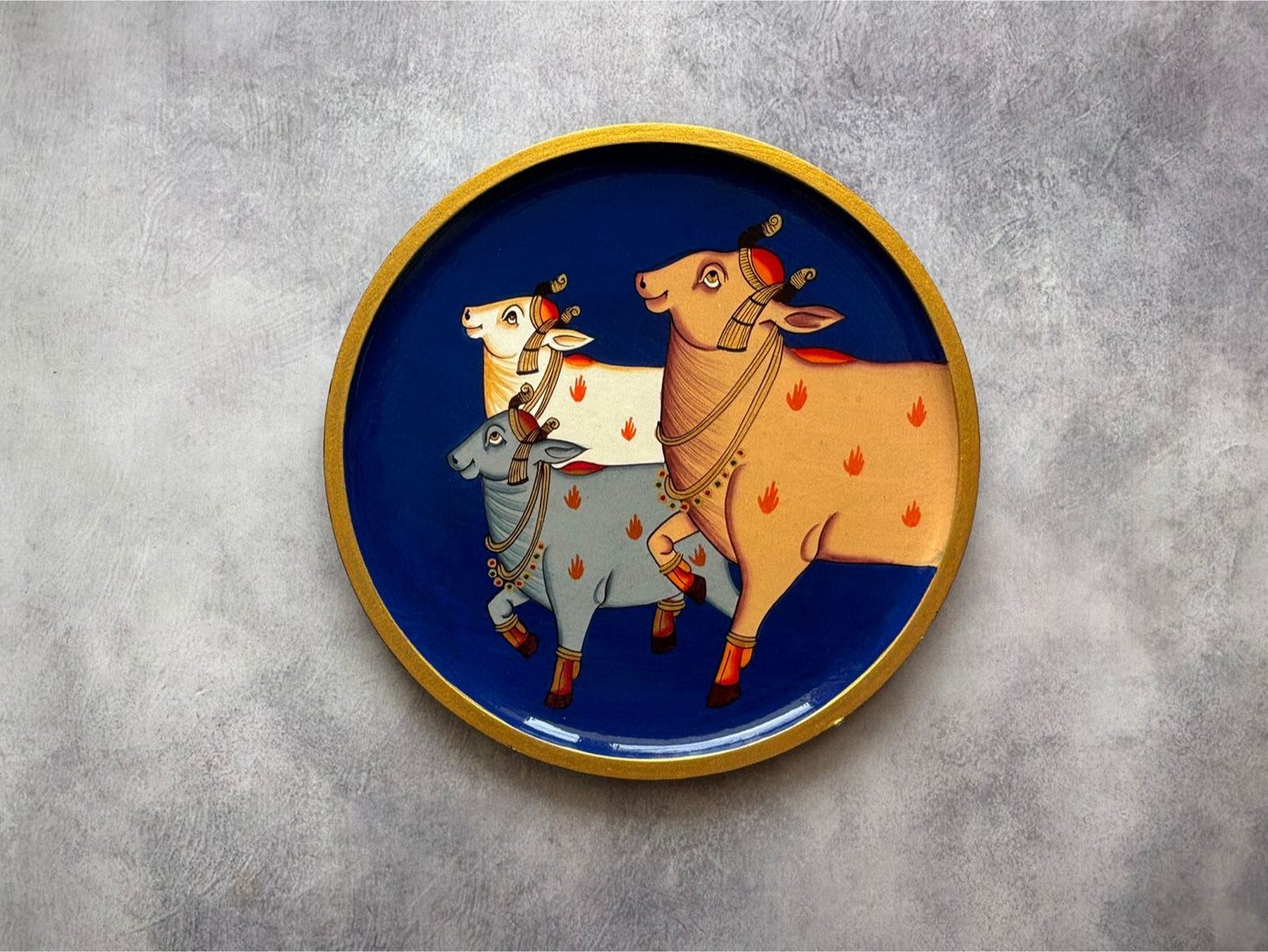 The Sacred Cow Heard Navy blue - Handpainted Pichwai Wallplates (M)
