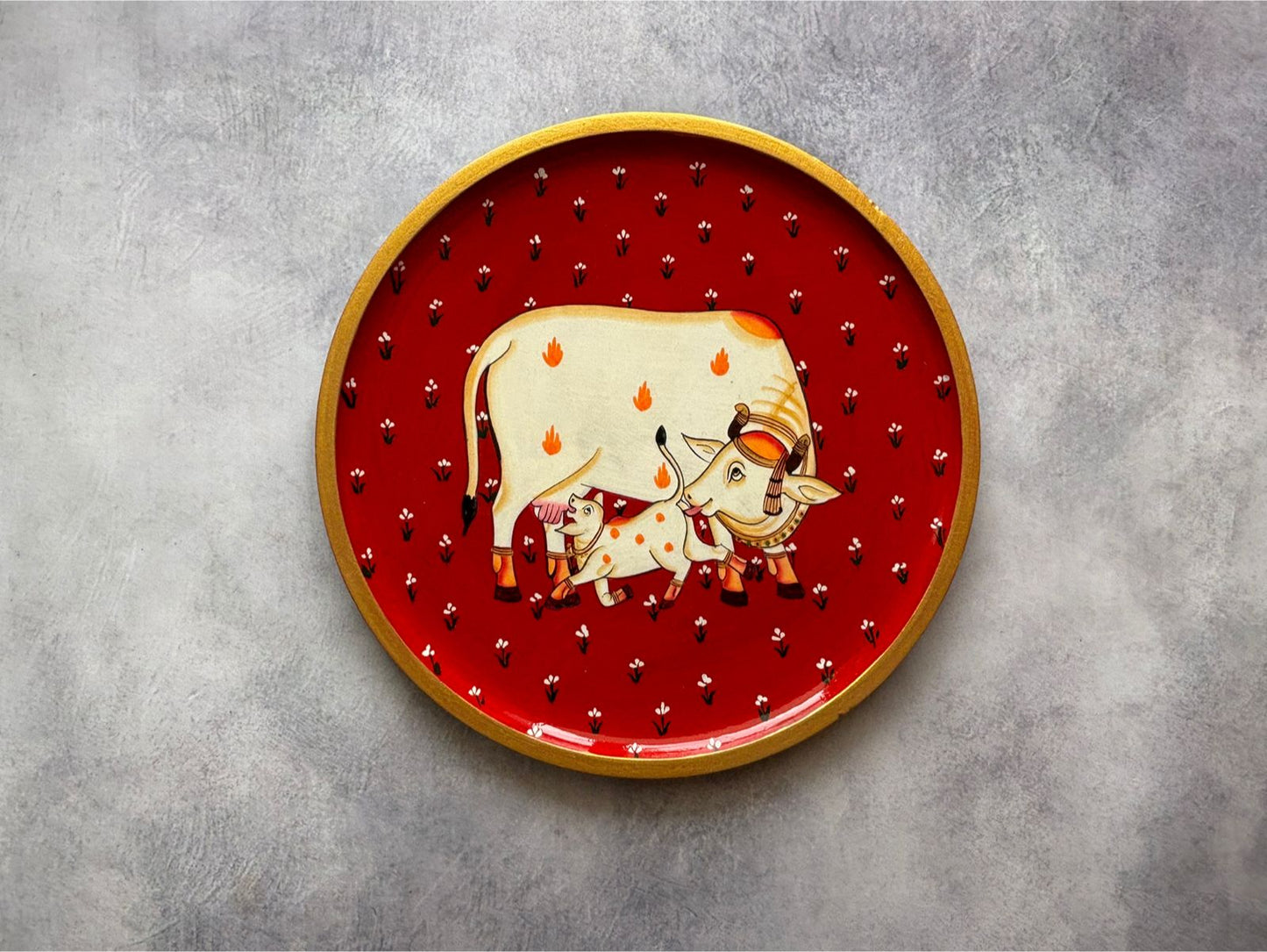 The Sacred and calf Red - Handpainted Pichwai Wallplates (M)