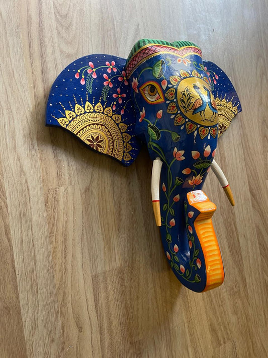 Regal Elephant Head Mask – Symbol of Wisdom & Strength /Hand-Painted Wooden / Culture Aisle India (BLUE)