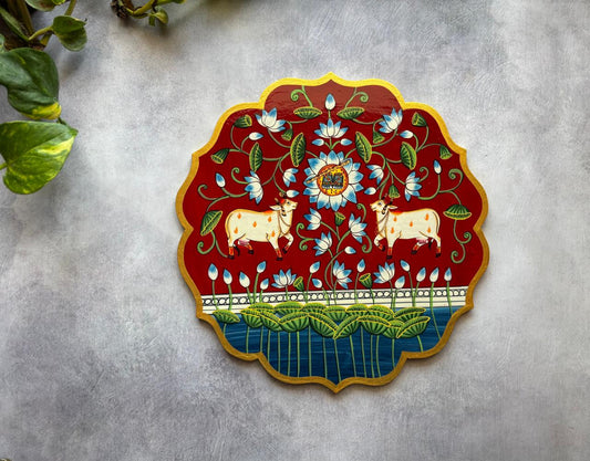 Sacred Harmony – Handpainted Pichwai Cow & Lotus Wallplate (12 Inch)