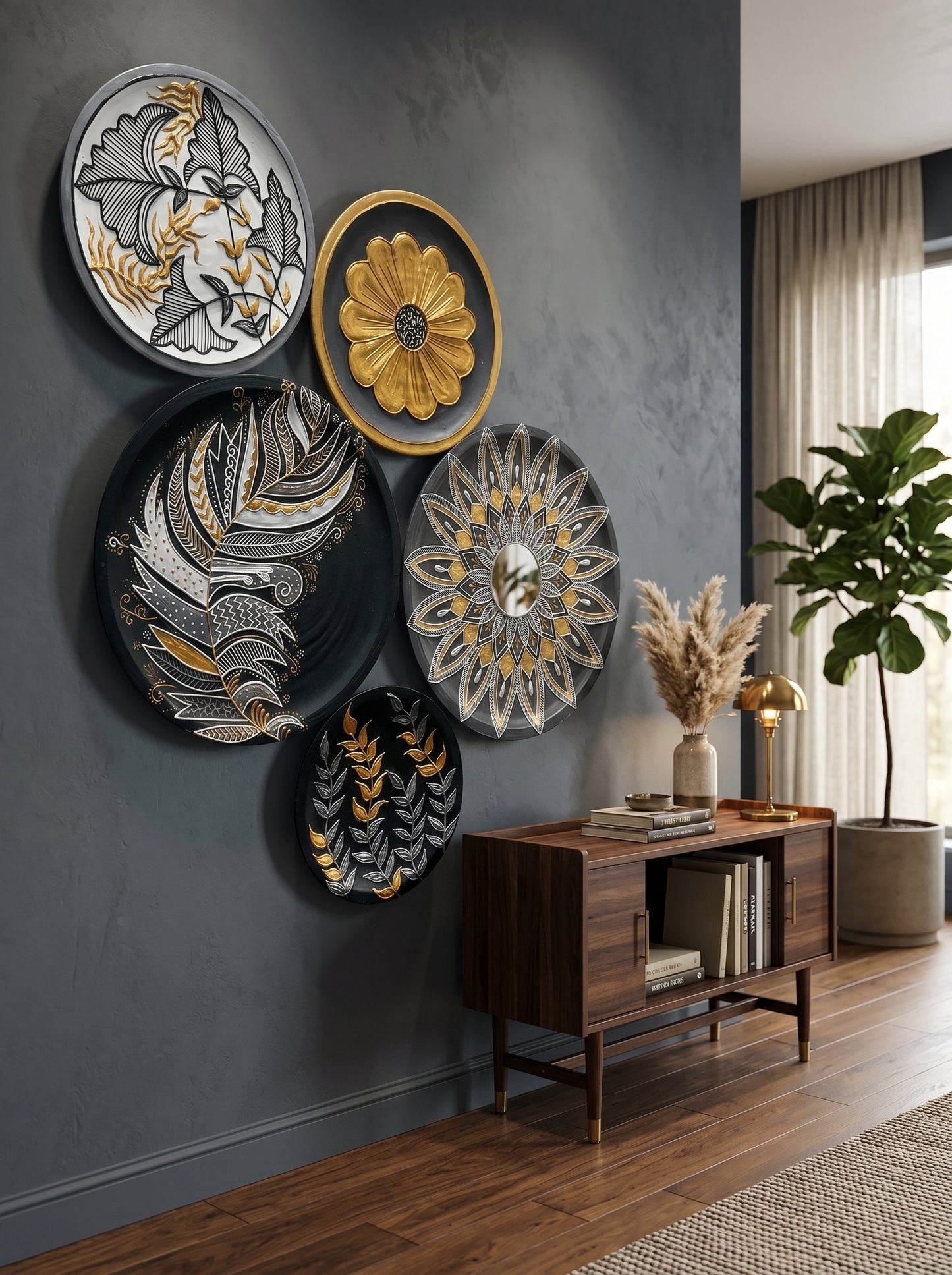 Handcrafted Black & Gold Wall Plate Set (5 Pieces) (SET1)