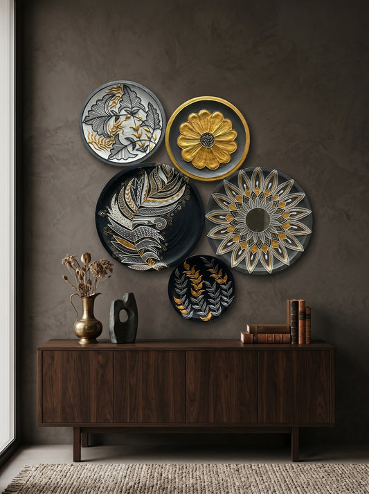 Handcrafted Black & Gold Wall Plate Set (5 Pieces) (SET1)