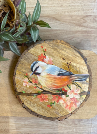Blessed Beginnings Collection-Handpainted Bird on a Wooden Log – Decorative Wall Plate