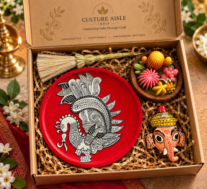 Indian Heritage Gift Hamper – Handcrafted Peacock Folk Art, Ganesha Cherial Mask and Candle / Culture Aisle India