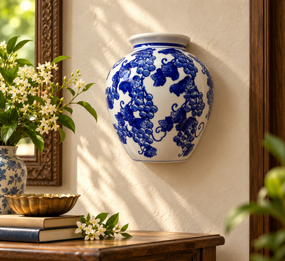 Blue & White Ceramic Grapevine Jar – Dutch-Inspired Décor (Wall-Mountable )
