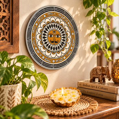 Handcrafted Indian Art Gift Hamper with Folk Art Wallplate, Floral Candle & Traditional Broom | Culture Aisle India