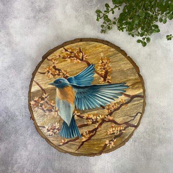 Blue Whispers – Handpainted Bird on Natural Wooden Log Wall Art / Culture Aisle India