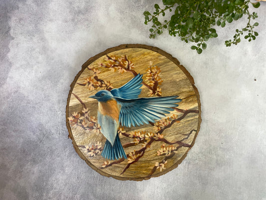 Blue Whispers – Handpainted Bird on Natural Wooden Log Wall Art / Culture Aisle India