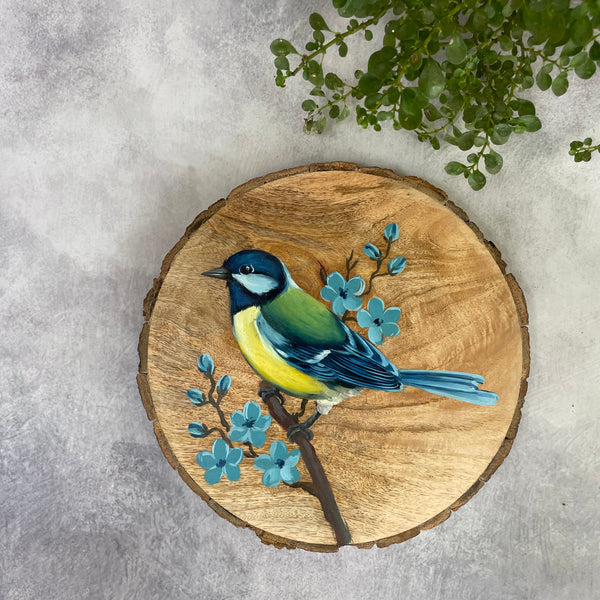 Spring Song – Handpainted Blue Tit Bird on Natural Wooden Log