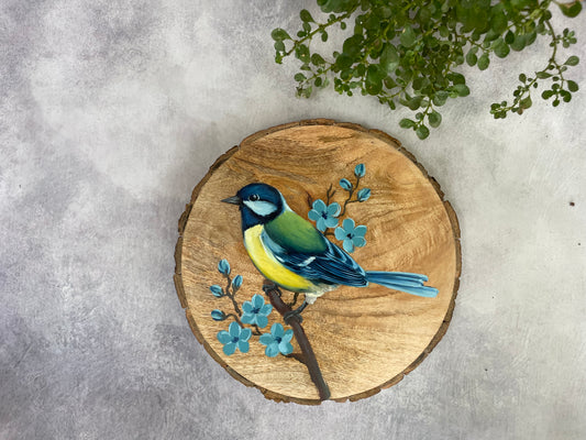 Spring Song – Handpainted Blue Tit Bird on Natural Wooden Log