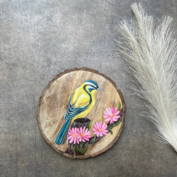 Sunbeam Perch – Handpainted Yellow Bird on Wooden Log with Pink Blooms