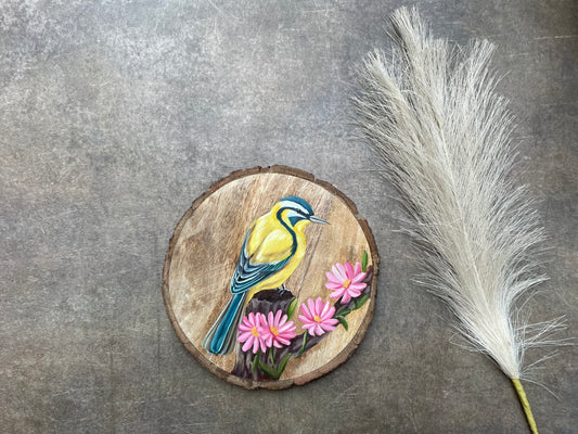 Sunbeam Perch – Handpainted Yellow Bird on Wooden Log with Pink Blooms