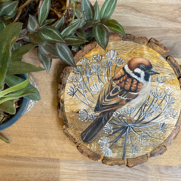 Whispers of Winter – Handpainted Sparrow on Dried Thistle Motif