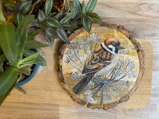 Whispers of Winter – Handpainted Sparrow on Dried Thistle Motif