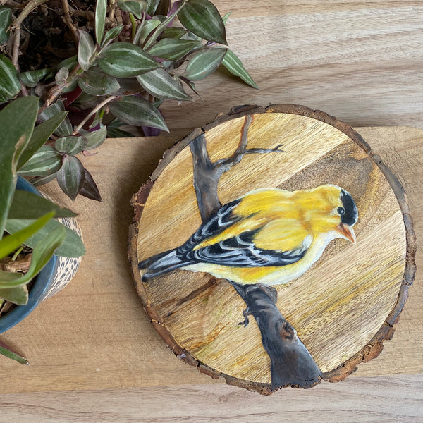Sunbeam on Bark – Handpainted Yellow Finch on Wooden Slice