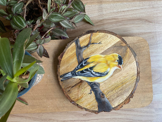 Sunbeam on Bark – Handpainted Yellow Finch on Wooden Slice