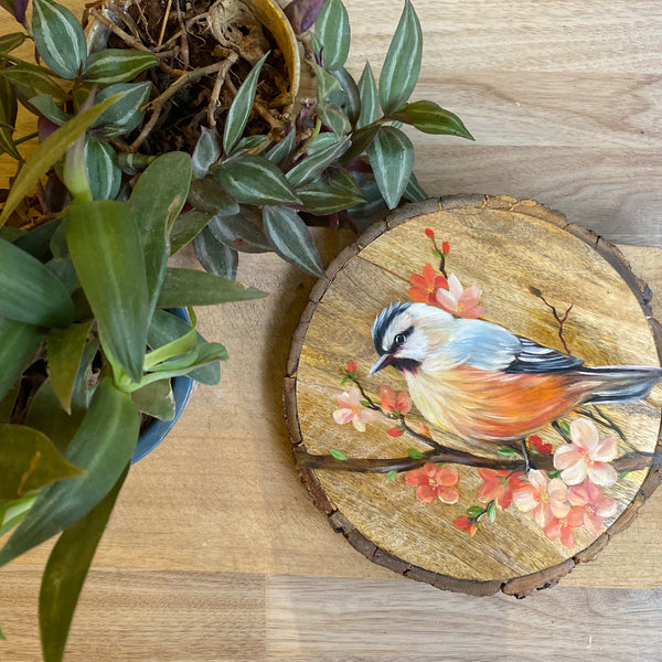 Blush in Bloom – Handpainted Songbird with Spring Blossoms