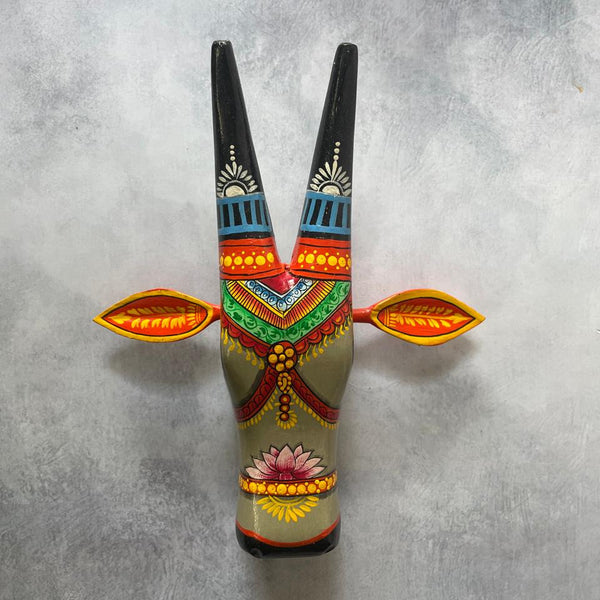 Hand-Painted Wooden Cow Head Wall Mask – Folk Art Decor by Indian Artisans
