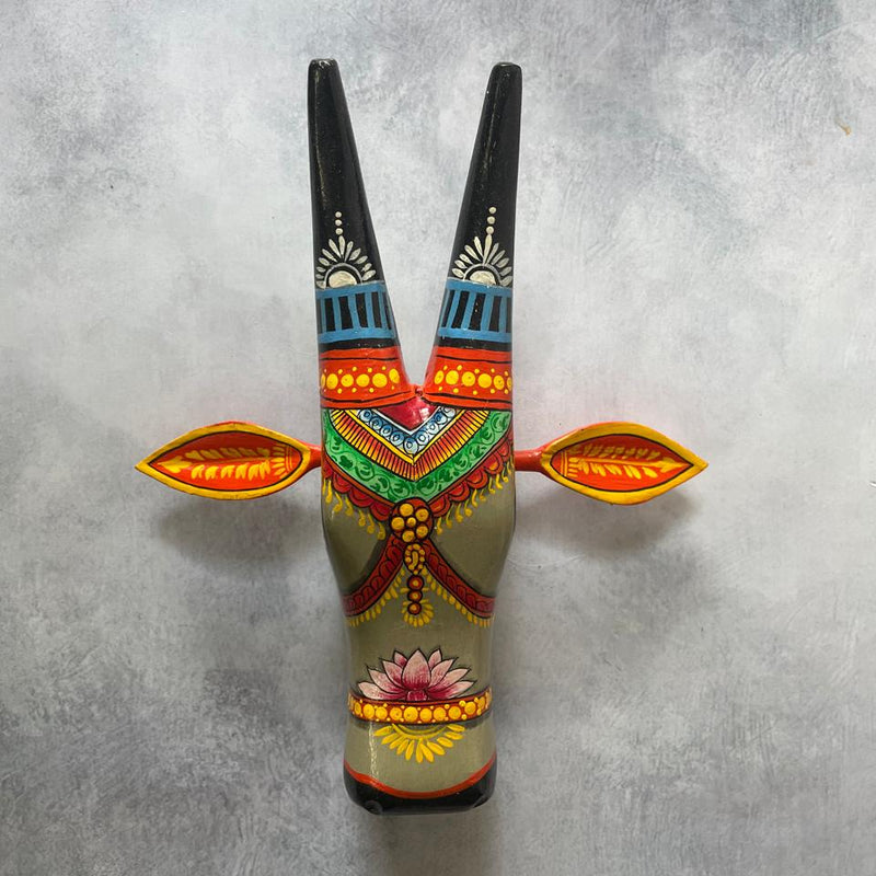 Hand-Painted Wooden Cow Head Wall Mask – Folk Art Decor by Indian Artisans
