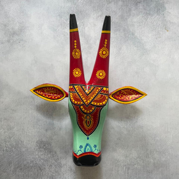 Hand-Painted Wooden Cow Head Wall Mask – Folk Art Decor by Indian Artisans