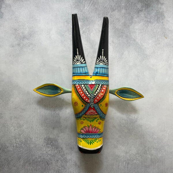 Hand-Painted Wooden Cow Head Wall Mask – Folk Art Decor by Indian Artisans