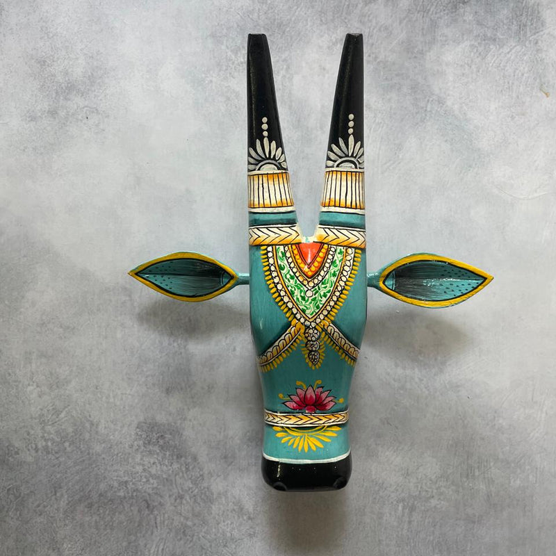 Hand-Painted Wooden Cow Head Wall Mask – Folk Art Decor by Indian Artisans