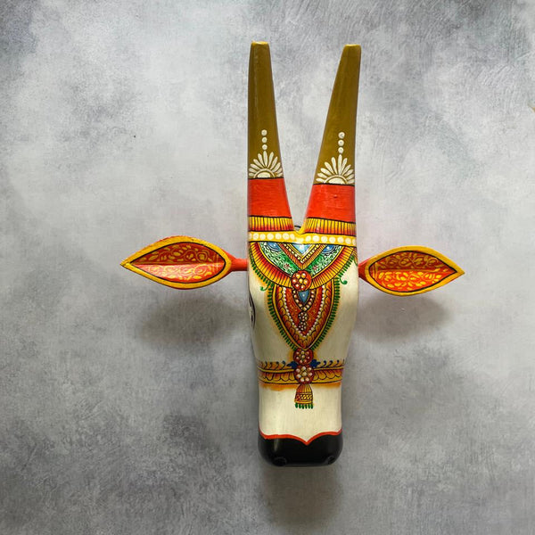 Hand-Painted Wooden Cow Head Wall Mask – Folk Art Decor by Indian Artisans
