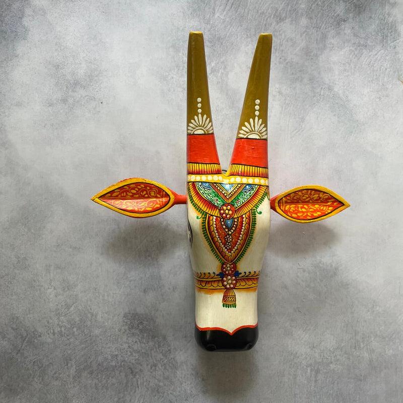 Hand-Painted Wooden Cow Head Wall Mask – Folk Art Decor by Indian Artisans