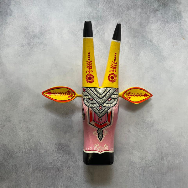 Hand-Painted Wooden Cow Head Wall Mask – Folk Art Decor by Indian Artisans