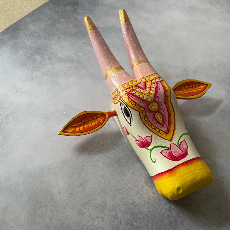 Hand-Painted Wooden Cow Head Wall Mask – Folk Art Decor by Indian Artisans