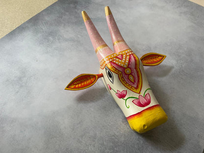 Hand-Painted Wooden Cow Head Wall Mask – Folk Art Decor by Indian Artisans