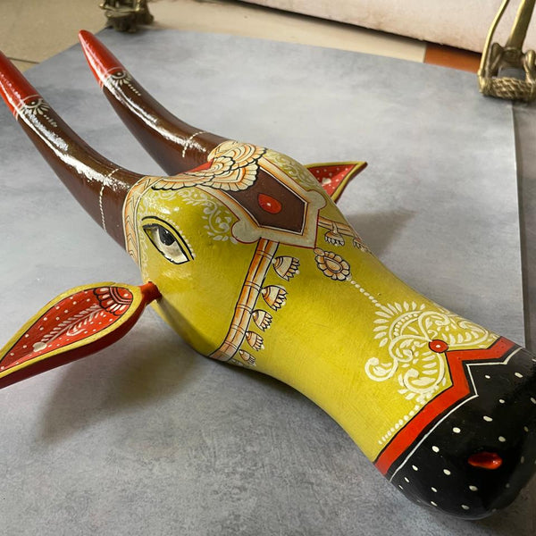 Hand-Painted Wooden Cow Head Wall Mask – Folk Art Decor by Indian Artisans