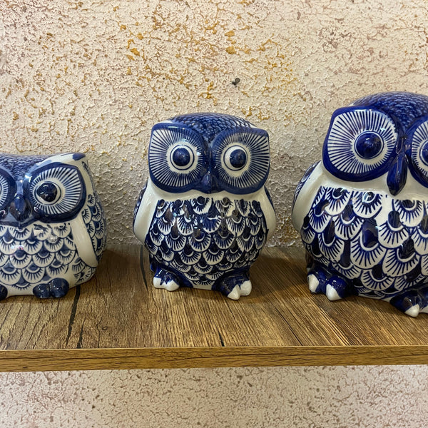 Ceramic Owl Trio – Indigo Blue Décor Set (Set of 3)
