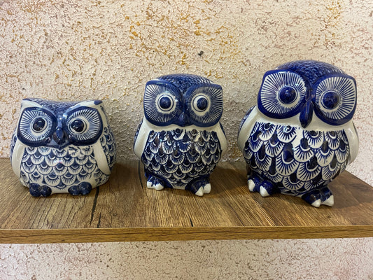 Ceramic Owl Trio – Indigo Blue Décor Set (Set of 3)
