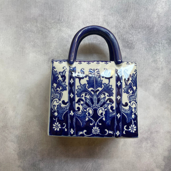 Ceramic Handbag Planter – Royal Blue Floral Baroque