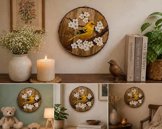 Autumn Whisper – Handcrafted Bird on Maple Leaves Wooden Wallplate