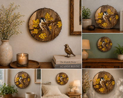 Golden Autumn Song – Handcrafted Bird & Maple Leaf Wooden Wallplate