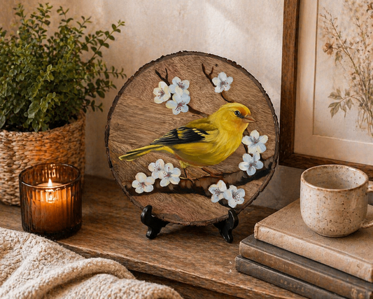 Golden Bloom – Handcrafted Bird on Blossom Wooden Wallplate
