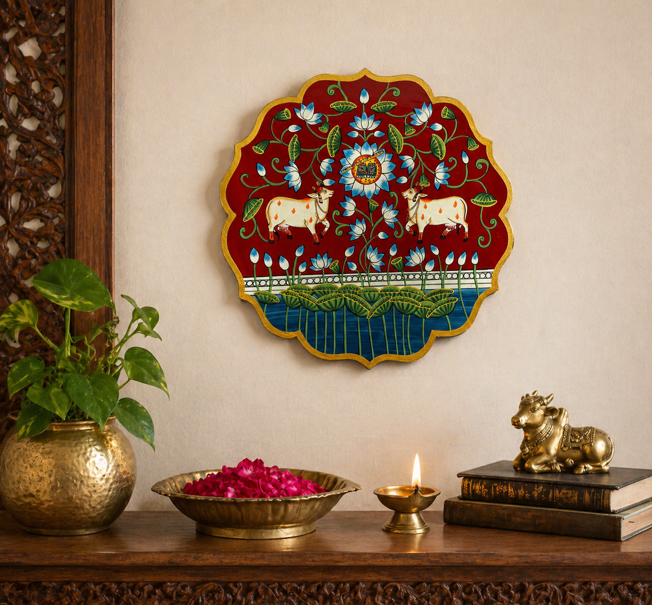 Sacred Harmony – Handpainted Pichwai Cow & Lotus Wallplate (12 Inch)