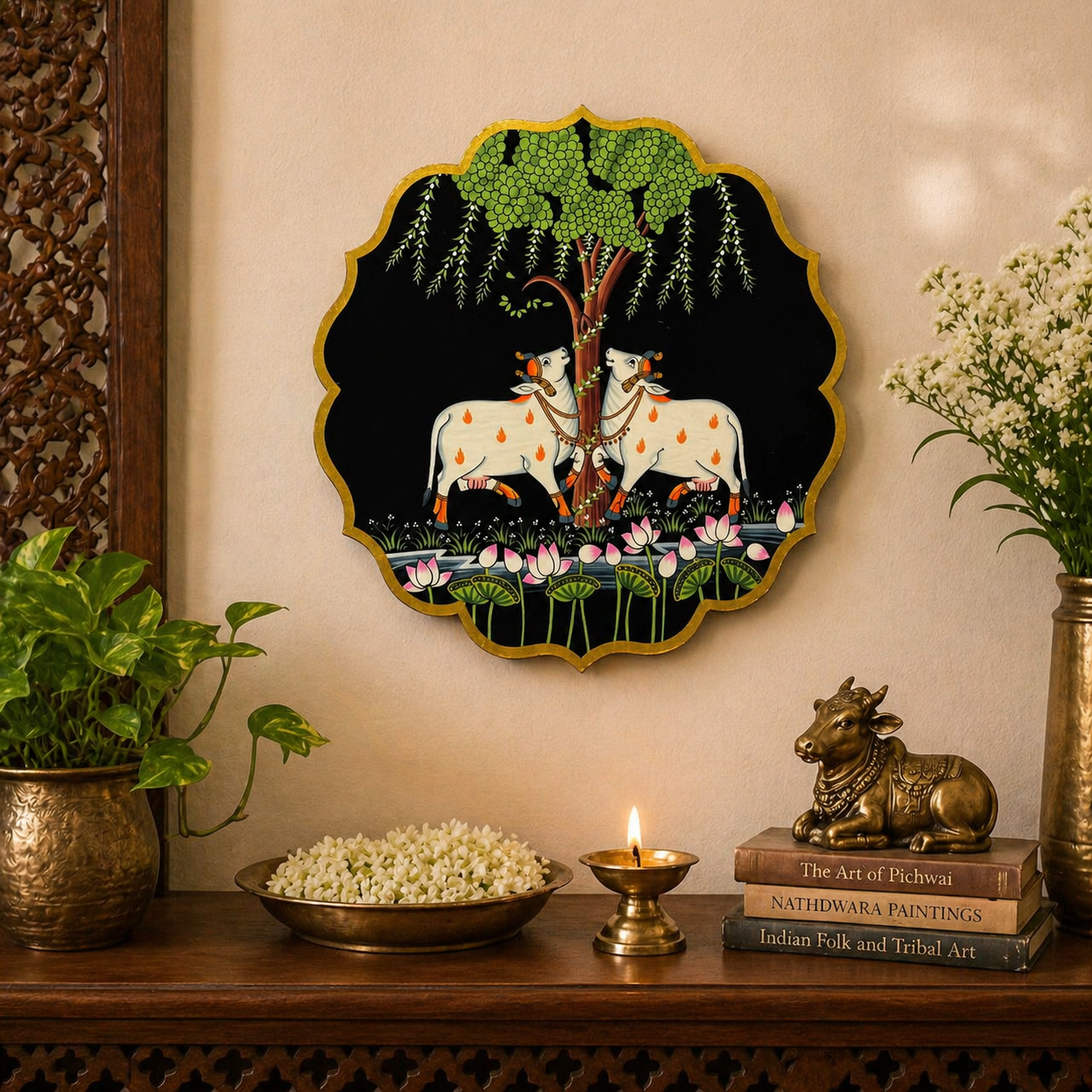 Tree of Harmony – Handpainted Pichwai Cow Wallplate (12 Inch MDF Wooden Wall Decor)
