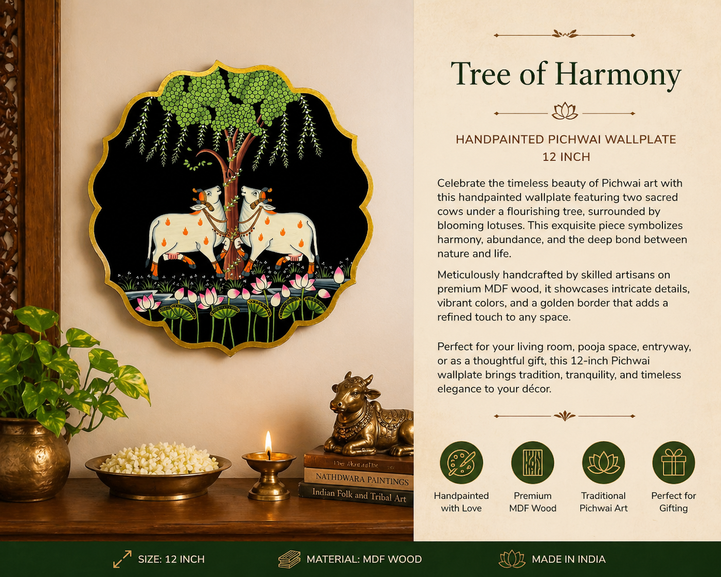Tree of Harmony – Handpainted Pichwai Cow Wallplate (12 Inch MDF Wooden Wall Decor)
