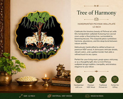 Tree of Harmony – Handpainted Pichwai Cow Wallplate (12 Inch MDF Wooden Wall Decor)